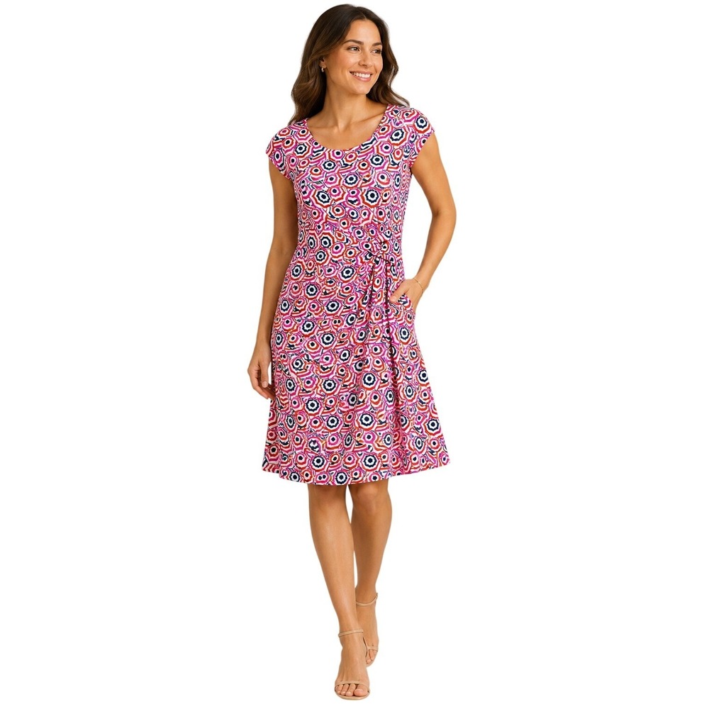 Lands End Faux Wrap Dress Womens XS Red Pink Geometric Umbrella Print Sleeveless